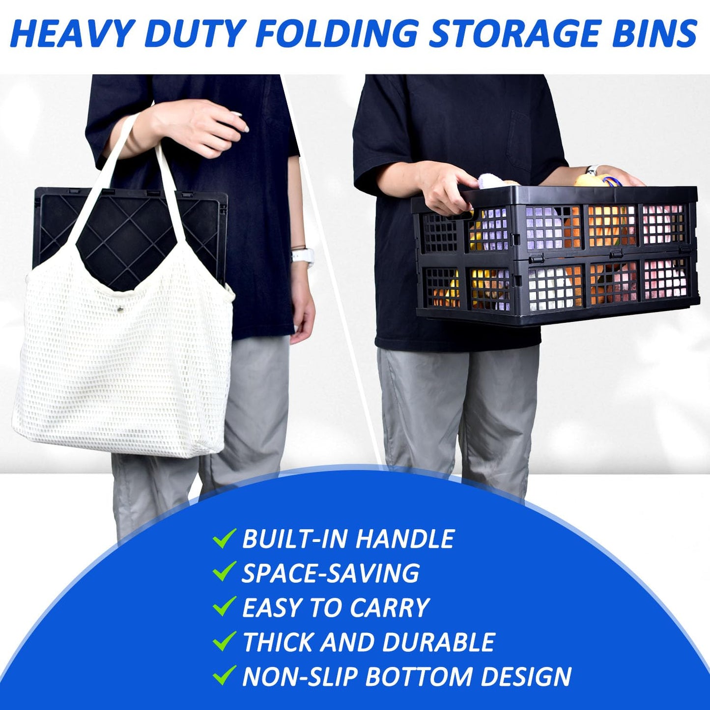 CONLI 3 Pack 34L Large Plastic Folding Crates for Storage, Collapsible Crate for Storing Food Bottle Toy Book Rectangular Storage Crate for Home Office Kitchen Classroom