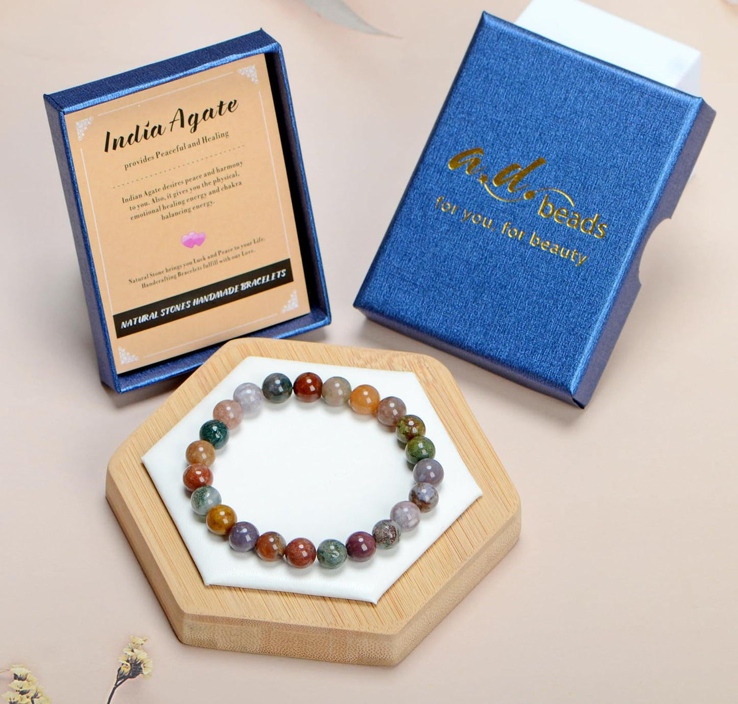 AD Beads Handmade Gemstone Stretch Elastic Bracelet Crystal Healing Reiki Nature's Beauty and Spiritual Essence Unisex (10mm, Indian Agate)