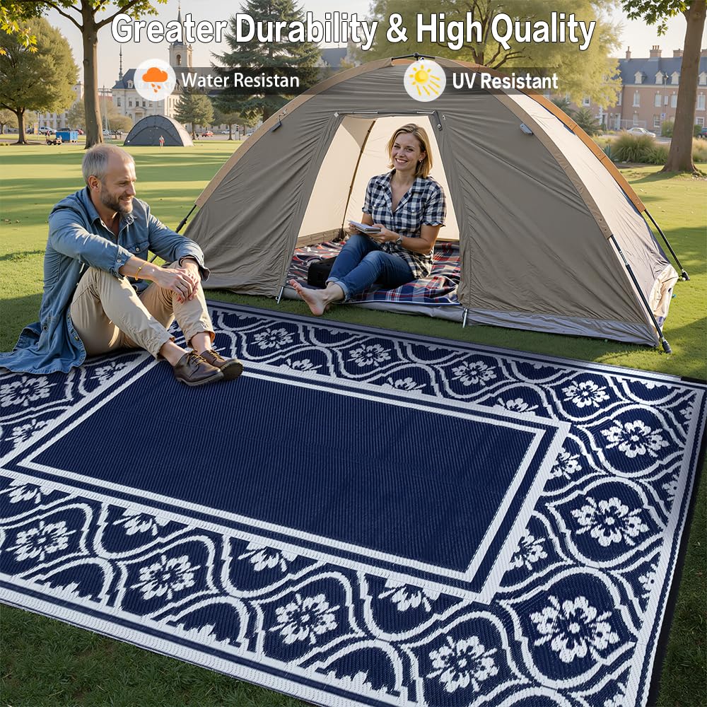 HUGEAR Plastic Outdoor Rug 6'x9' Waterproof Camping Carpet Outside Reversible Area Rug Blue Rugs for RV Deck Entryance Porch Picnic Balcony Beach