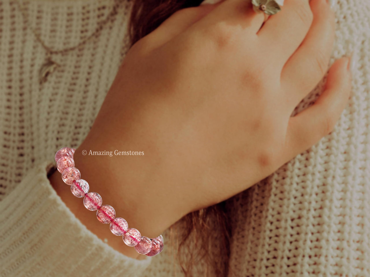 Amazing Gemstone Crystal Bracelet for Women Men's Gifts - Protection Healing Crystal Bracelet - 8mm Gemstone Beaded Stretchable Bracelet Pulseras Para Hombres Mujer Stocking Stuffers Mothers Day Gift (Strawberry Quartz)