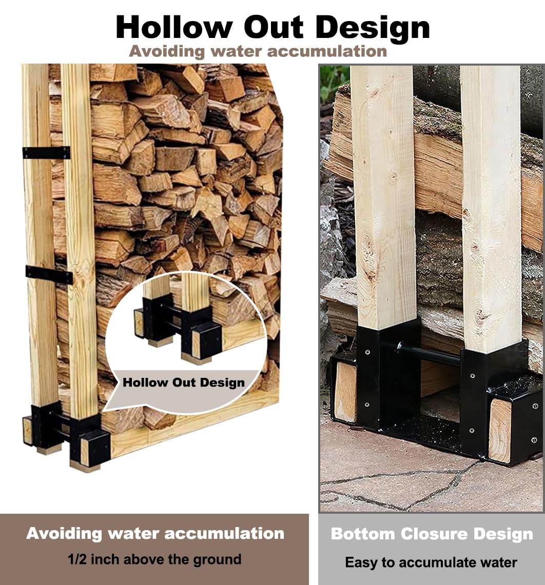 Fiwithy Outdoor Firewood Rack Bracket Kit with 4 Support Bars for Fire Wood Pile Storage, Heavy Duty DIY Fireplace Log Stacking Stand Holder for 2x4 lumber, Black, 1 Pair
