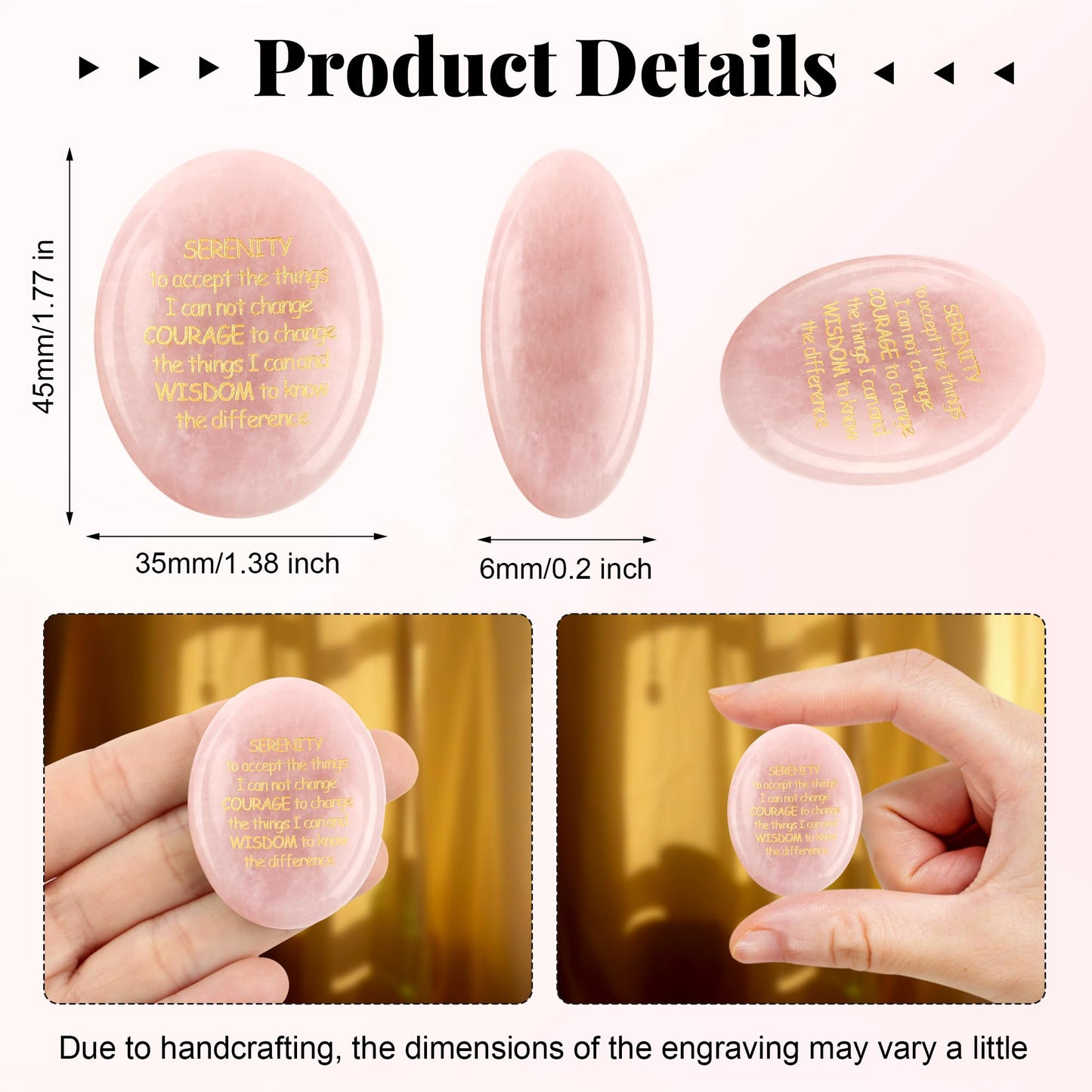 QINJIEJIE Serenity Prayer Rose Quartz Healing Crystal Thumb Stone Worry Stones Engraved Inspirational Stones Anxiety Relief Items Teacher Appreciation Encouragement Gifts for Women Mother