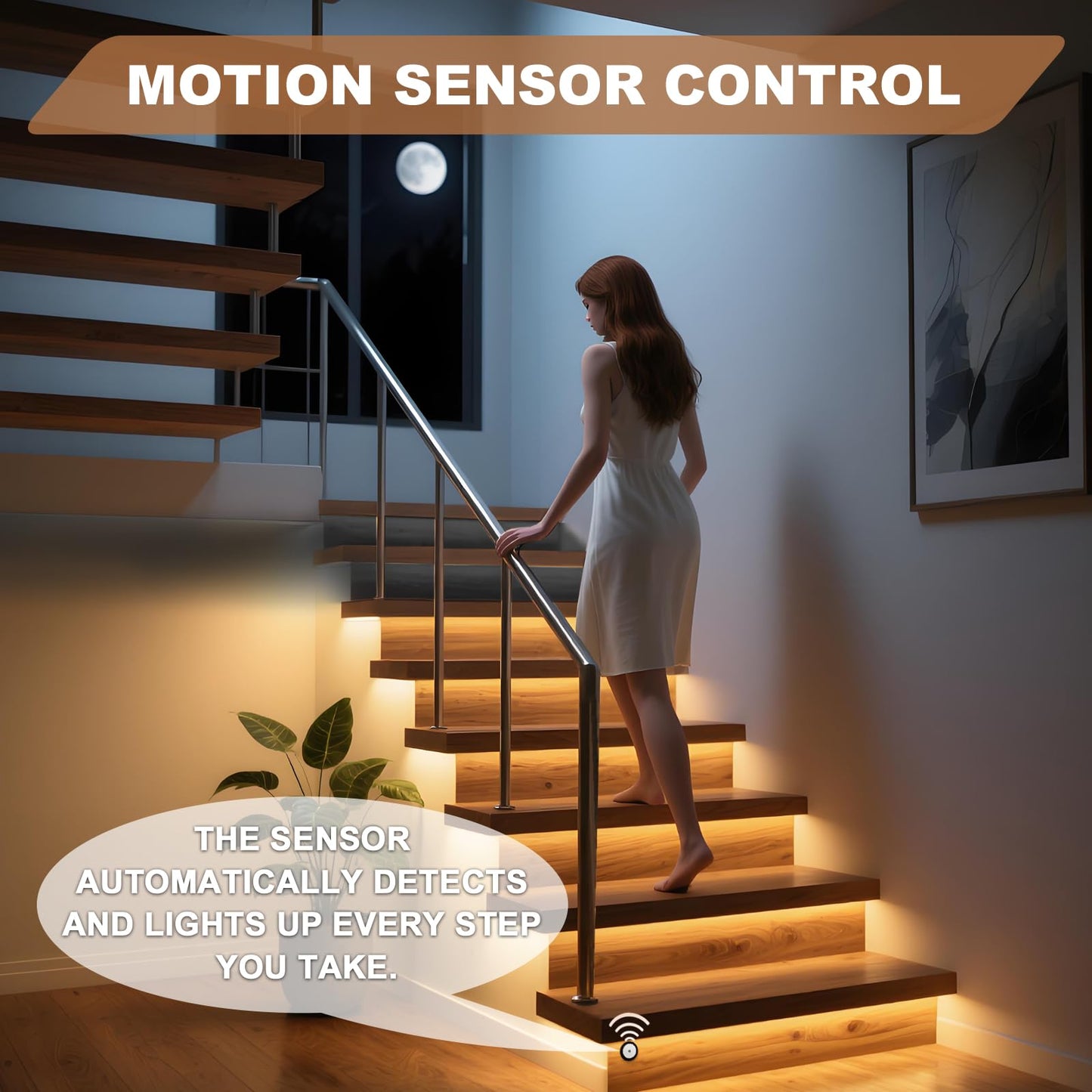 LANXEE Intelligent 16-Step Motion Sensor Stair Light for Indoor, 40 inches Long Cuttable Motion Lights for Stairs (16 Stairs,3000K)
