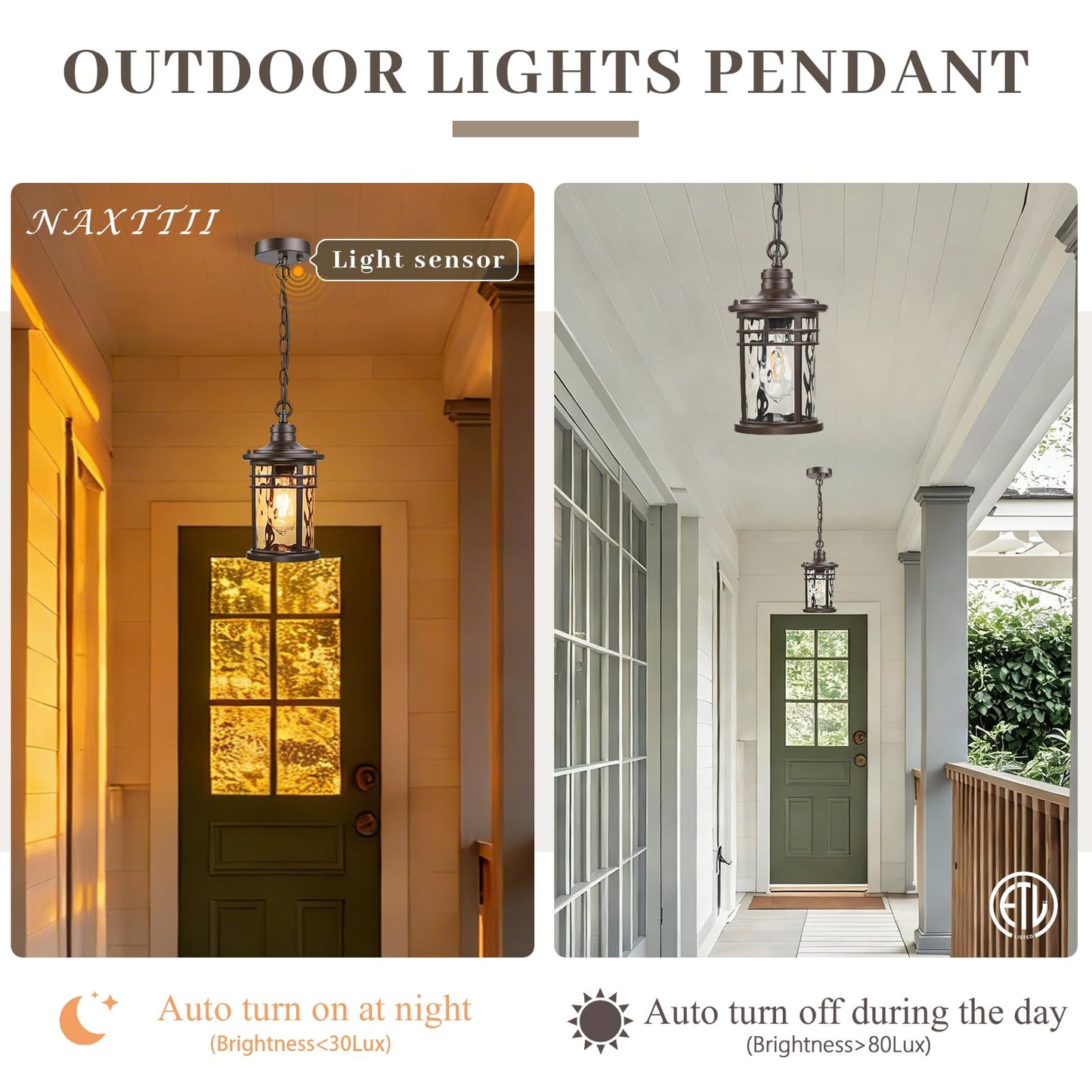 NAXTTII Outdoor Hanging Lantern Light Dusk to Dawn Hanging Porch Light Anti-Rust Aluminum Outdoor Chandelier for Front Door Gazebo E26 Socket Oil Rubbed Bronze Finish