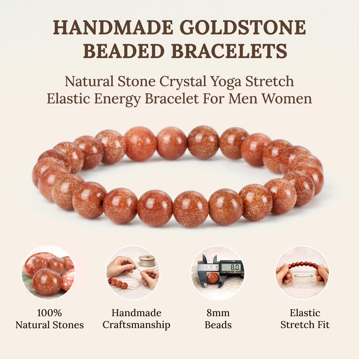 Elm City Direct 8mm Natural Stone Beaded Bracelet – Unisex Crystal Stretch Bracelets for Men & Women, Chakra & Healing Jewelry, Gift-Ready Beaded Bracelets (Gold Stone, 8mm)