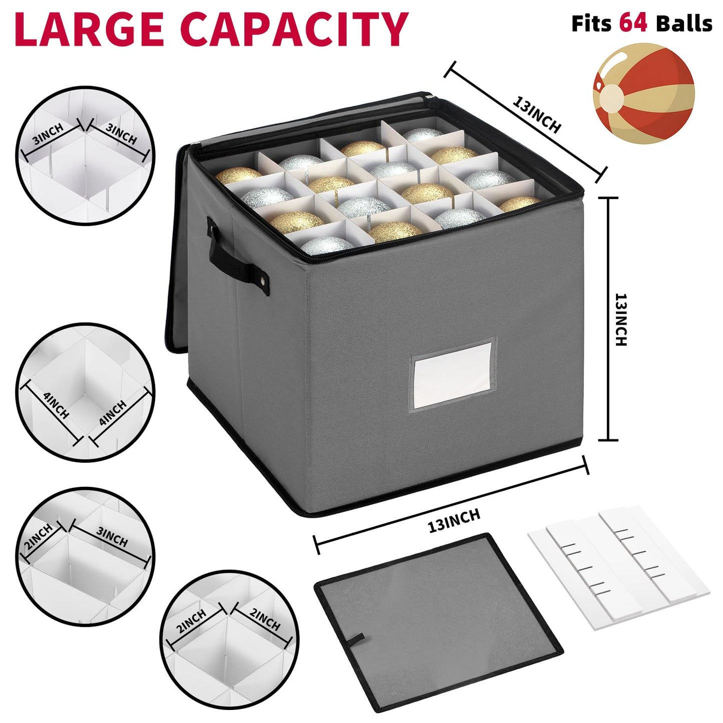 DIMESHY Christmas Ornament Storage Box With Adjustable Dividers,Ornament Storage Container With 4 Removable Trays for 64 Holiday Decorations,Gray