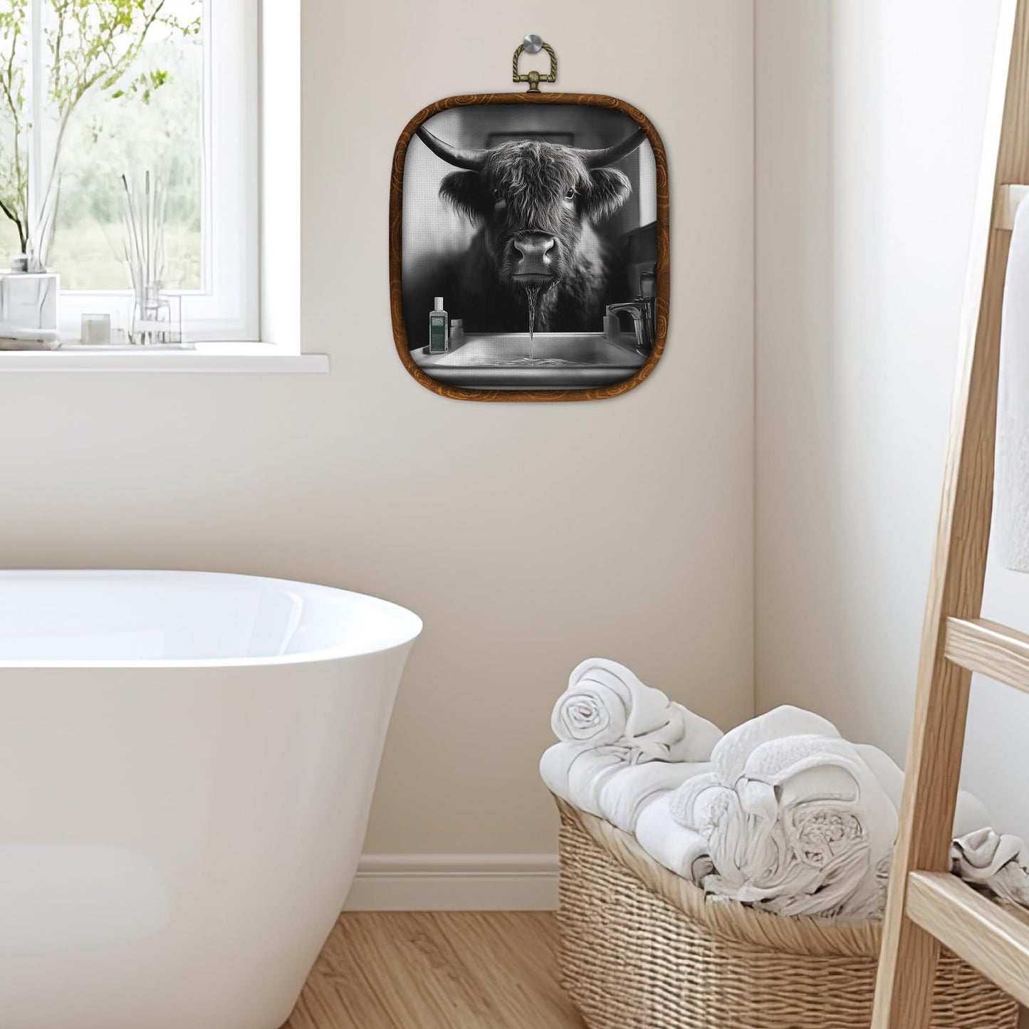 WULQYING Funny Highland Cow Bathroom Wall Art Decor, Highland Cow Framed Canvas Art Prints, Black and White Farmhouse Farm Animal Wall Hanging Decor for Home Bathroom Washroom Restroom, 5.7x6.5 Inches