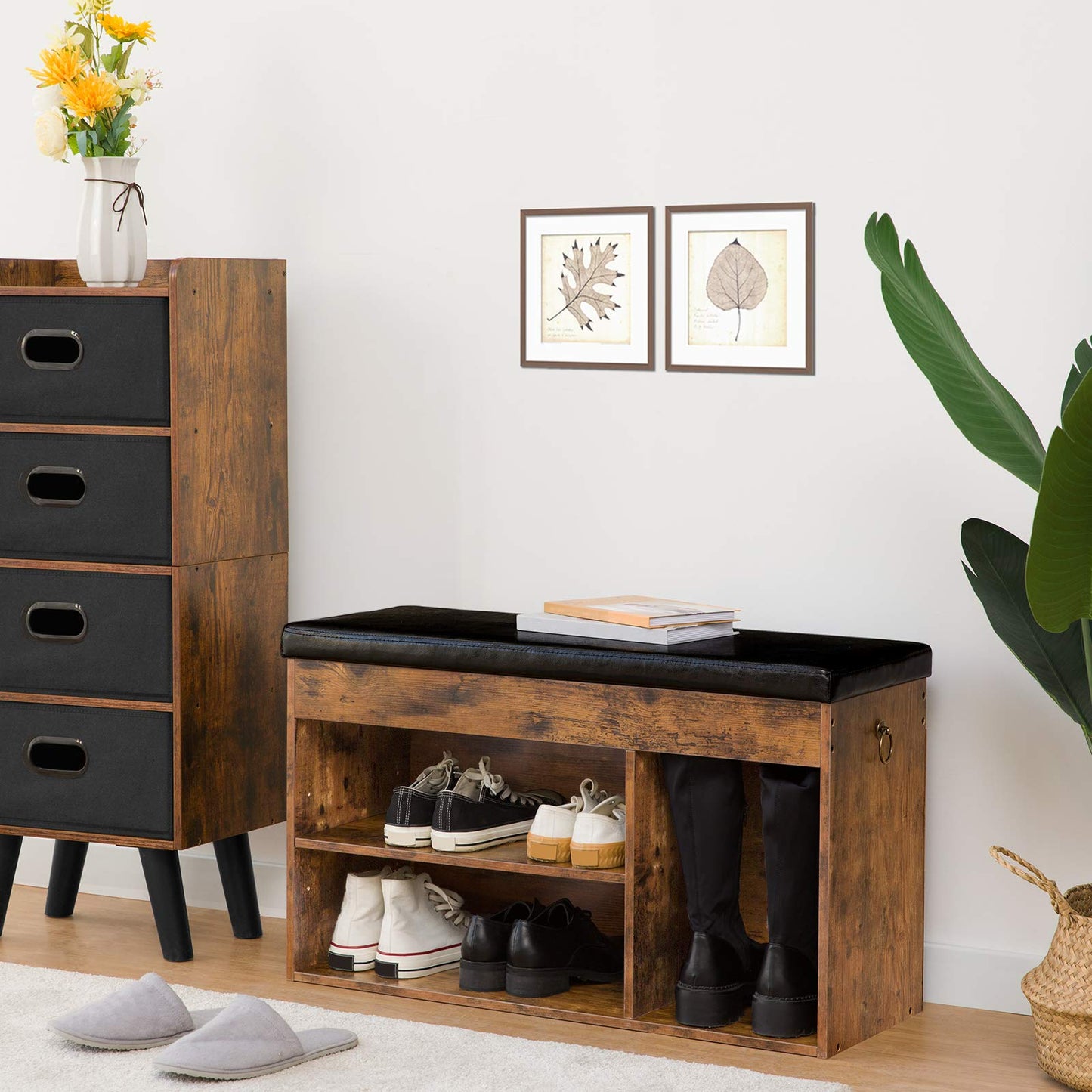 HOOBRO Shoe Storage Bench with Cushion, 32.3'' Entryway Bench with Lift Top Hidden Storage and Adjustable Shelves, Wooden Shoe Rack Bench for Entryway Bedroom, Rustic Brown and Black BF40HX01