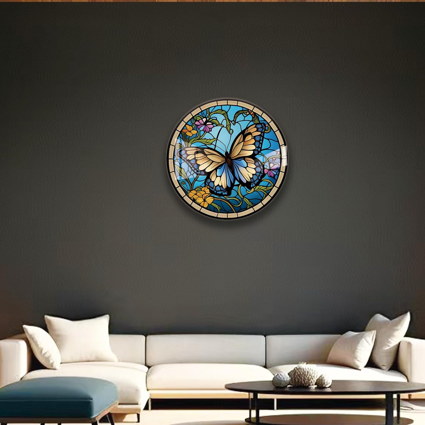 LMSDYSHU Butterflies and Mosaic,Tempered Glass Wall Art,unframed，Easy to clean,18"（45.72cm） Diameter (blue)