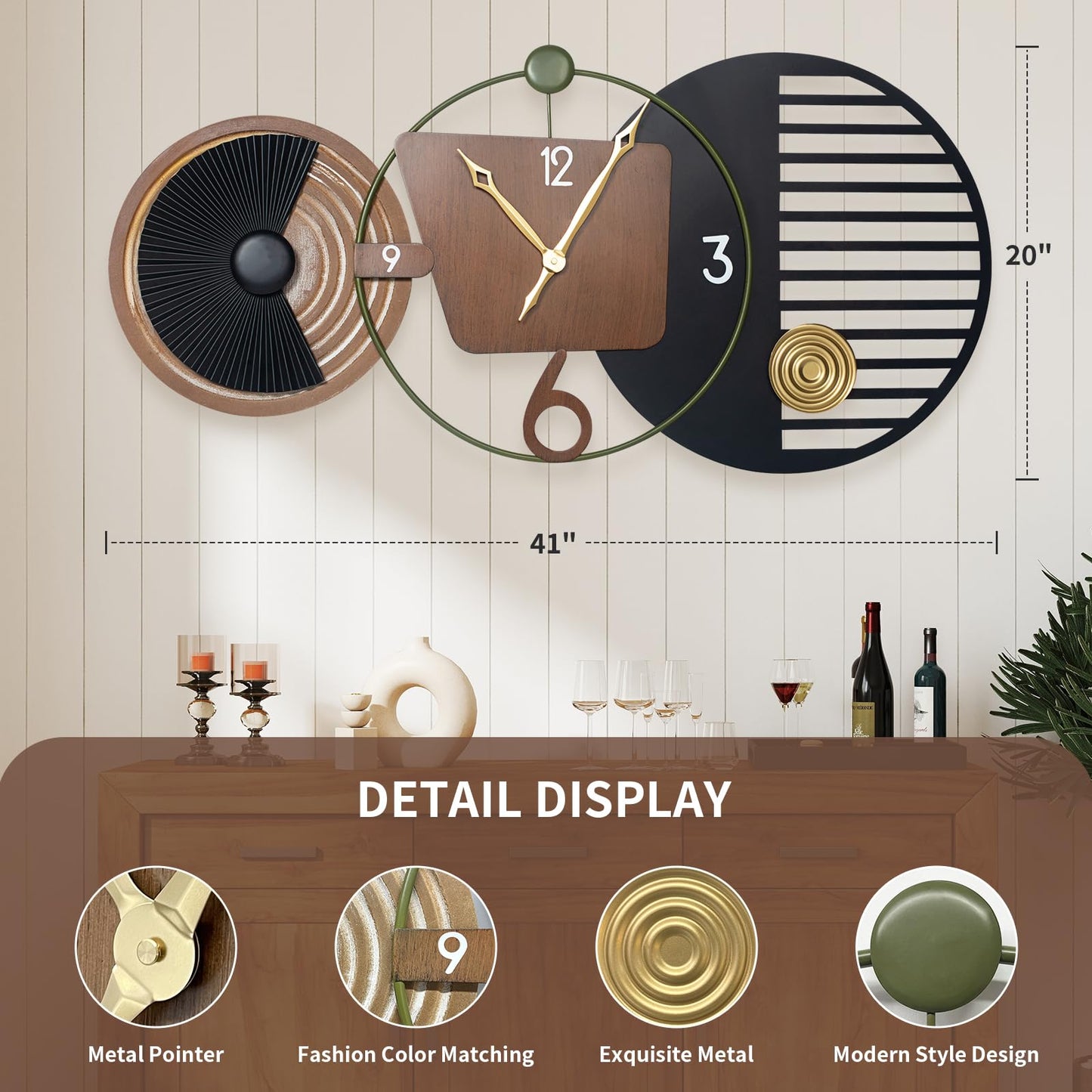 Tiuposr 41x20 Inch Modern Wall Clocks, Large Round Decorative Clock, Silent Non-Ticking Battery Operated Timepiece for Living Room, Bedroom, Office, Entryway