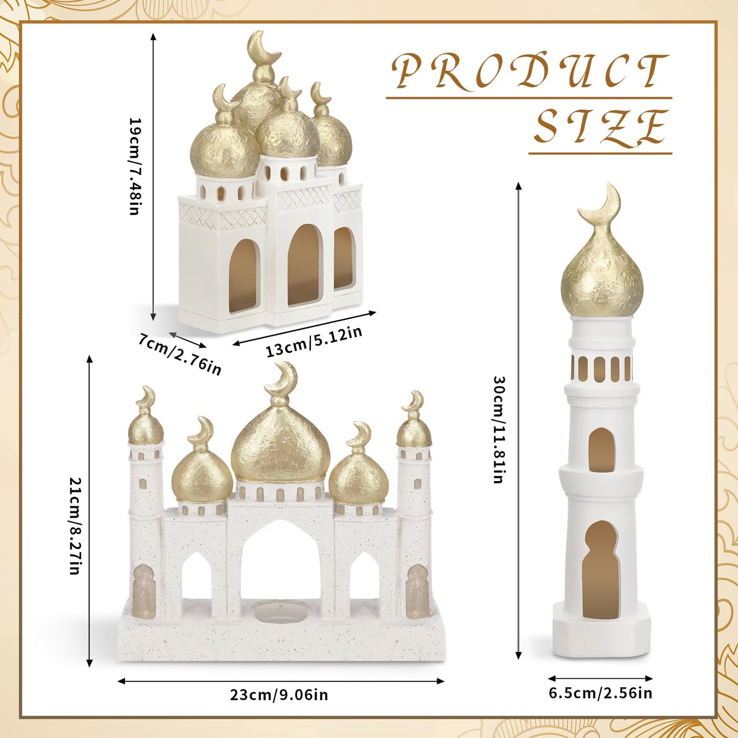 Bucherry 3 Pcs Eid Mubarak Decorations Gold and White Decorative Mosque Tower Ornaments for Home Display Islamic Gift Eid Mubarak Ramadan Table Decor for Muslim Party