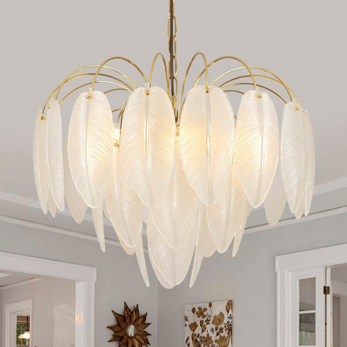 KELUOLY Modern Gold Chandelier, 19.29" Creativity Feather Glass Pendant Ceiling Light Fixtures 6-Light Round Chandelier Luxury 3 Tiers Hanging Chandelier for Dining Room Foyer Living Room Bedroom