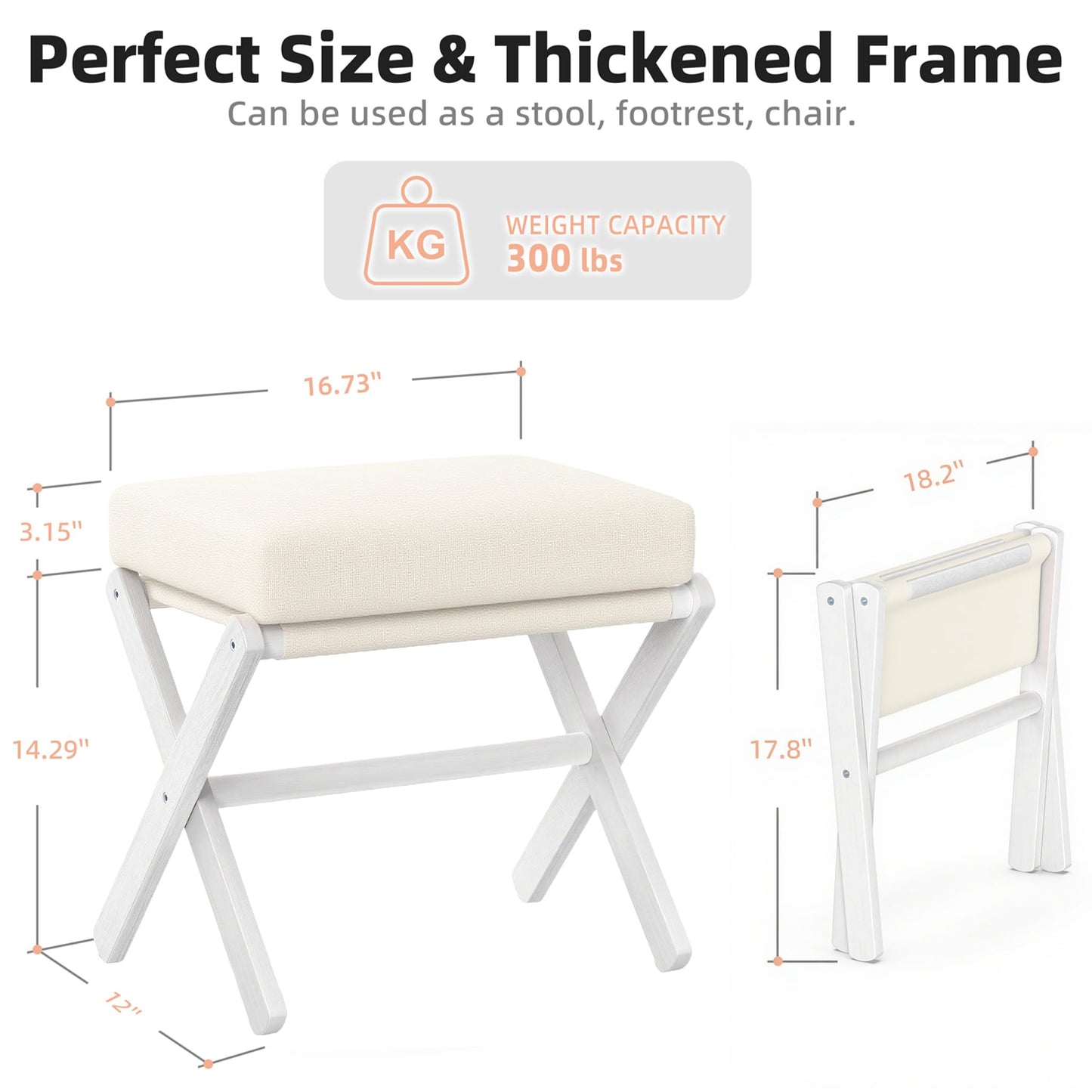 BAMBOOHOMIE Foldable Foot Stool Ottoman, Modern Foot Rest with Bamboo X Legs & Thick Foam Cushion, Folding Foot Stools Small Padded for Bedroom Living Room, Footstool for Chair Couch (White - White)