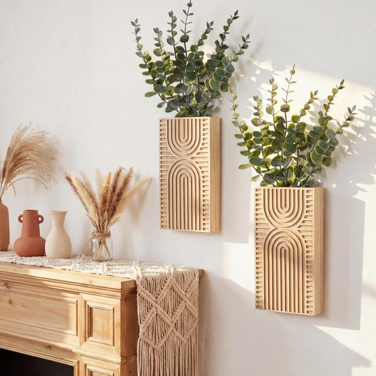 Ninehaoou 2 Pack Modern Farmhouse Wall Decor Wood Planter Vase with Artificial Eucalyptus Farmhouse Bohemian Hanging Wall Decor for Bathroom Dinning Room Living Room Hallway Bedroom(Brown)