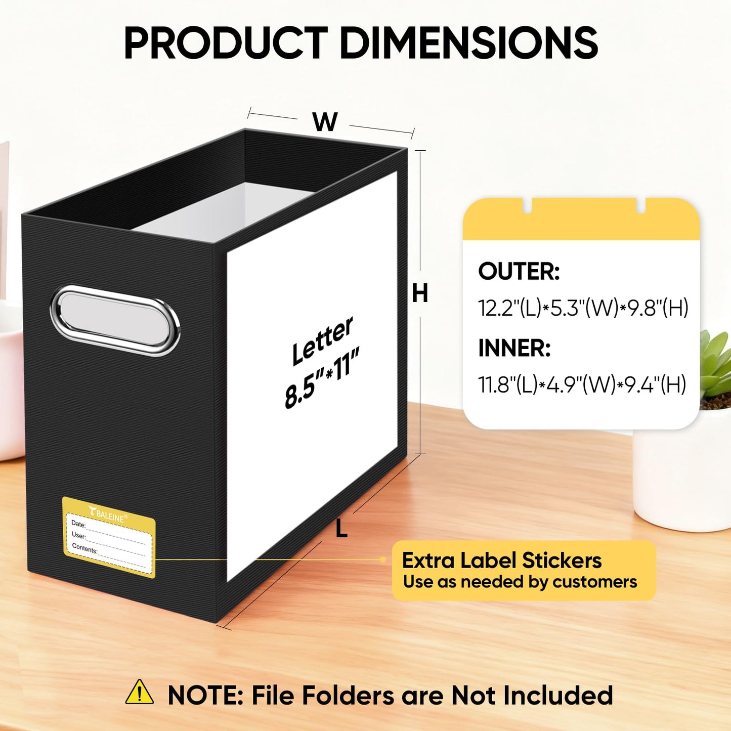BALEINE File Organizer Box, Cardboard File Folder Organizer with Handle for Letter Size, Portable Collapsible Hanging Filing Box for Home Office Document Storage (2 Pack, Black)