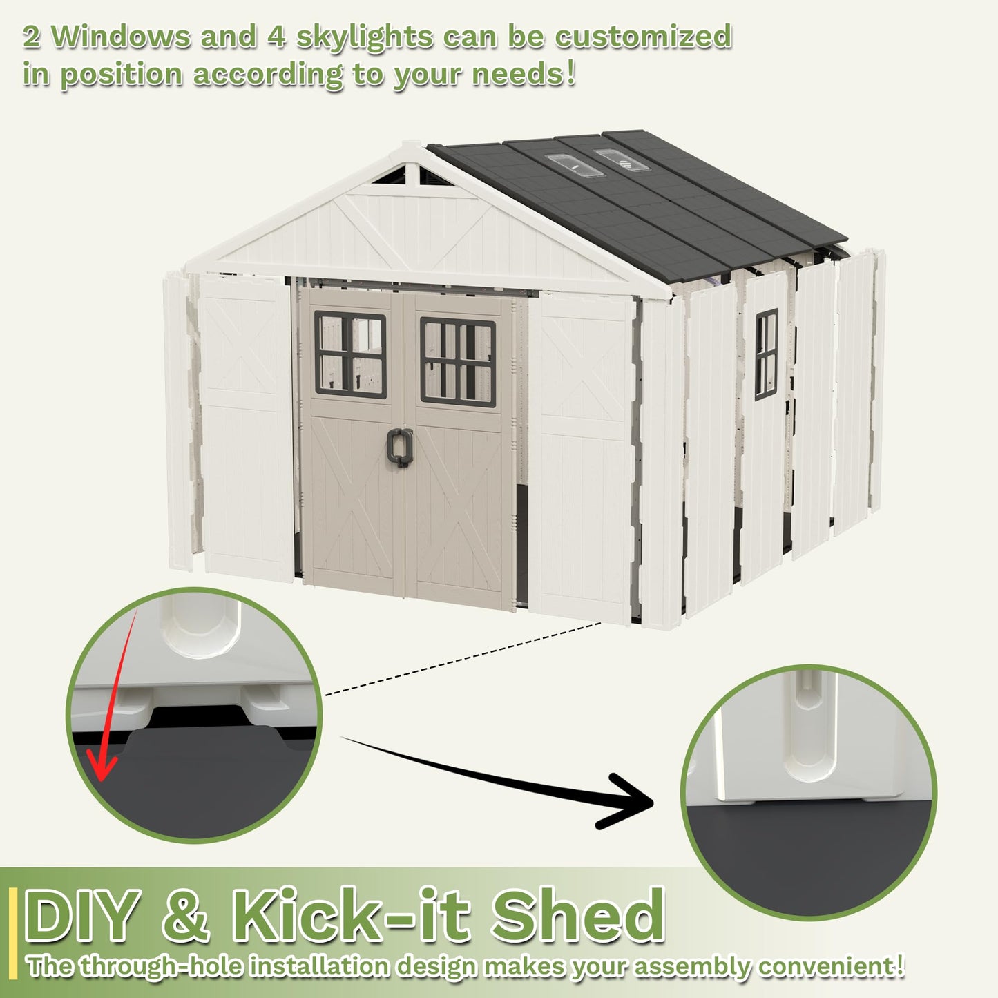 Greesum 10×10FT Plastic Outdoor Storage Shed with Floor and Lockable Door, Resin Sheds with Windows and Skylights, Organization for Garden, Lawn, Backyard, Beige