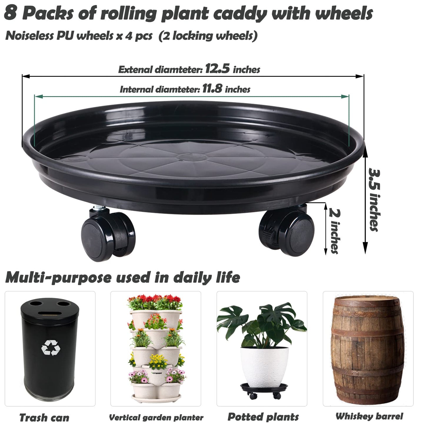 5 Packs Large Plant Caddy with PU Wheels 12" Rolling Plant Stands Heavy-duty Plastic Plant Roller Base Pot Movers Plant Saucers on Wheels Indoor Outdoor Plant Dolly with Casters Planter Tray Coaster