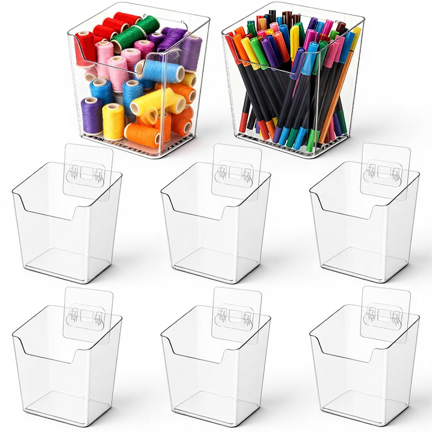 Hpmjz 8 Pack Clear Wall Mount Storage Bins Cabinet Door Organizer Stackable Storage Baskets Plastic Hanging Organizer Holders with Self-Adhesive Hooks for Kitchen Bathroom Office Makeup Remote