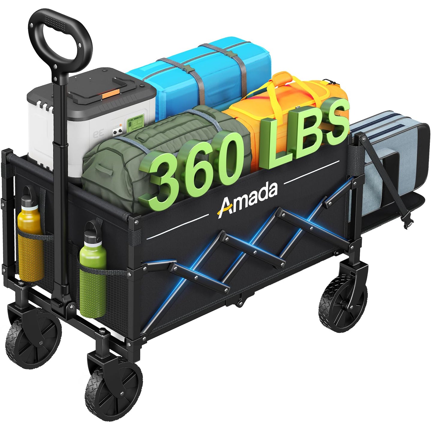 Small Wagon Cart Foldable, Collapsible Wagon with 360 LBS Max Load & Expandable Storage, 90L Foldable Grocery Cart with 2 Cup Holders for Outdoor, Garden, Camping &Groceries-Black
