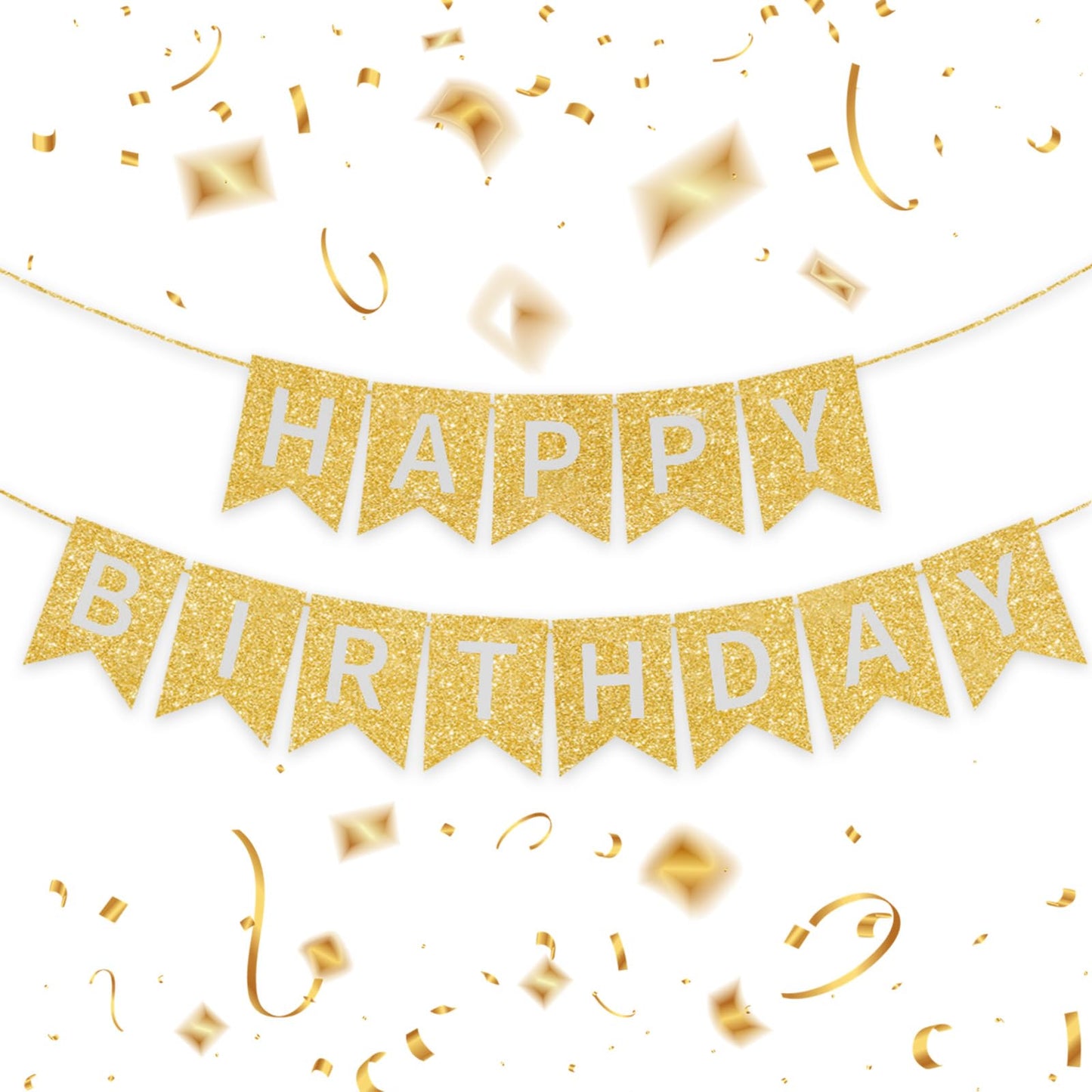 Gold Happy Birthday Banner - 16 ft Pre-Strung Gold Birthday Party Decorations Sign for Girls, Boys, Kids, Women - No DIY Hanging Backdrop for Indoor & Outdoor Celebrations