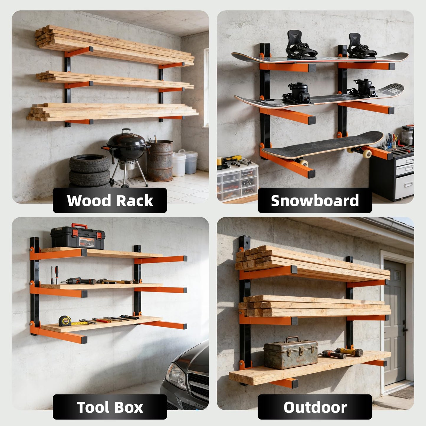 Dometrix Lumber Storage Rack Wall Mounted 2 Pack, Wood Organizer with 3-Level Holds Up to 660LBS, Heavy Duty Folding Metal Garage Organizer for Indoor and Outdoor, Orange