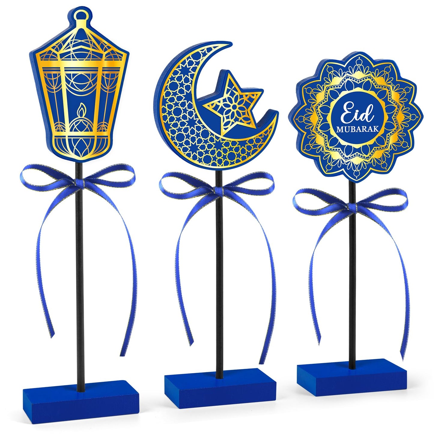 3 PCS Ramadan Table Decorations Wooden Eid Mubarak Signs Rustic Islamic Ramadan Tiered Tray Decor for Muslim Party Home Kitchen Decor (Blue.Classic)