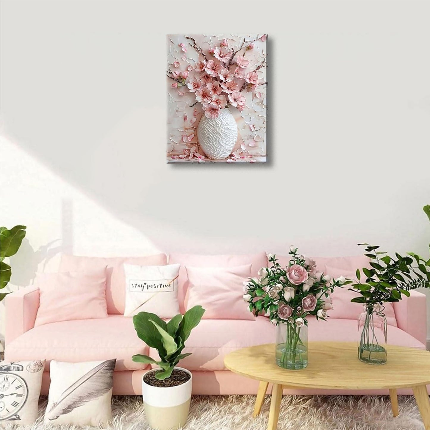 Pink Floral Canvas Wall Art sakura Flowers Botanical painting Decor Pictures Cherry blossoms Posters Prints for Living Room Classroom Bedroom office corridor bathroom Decoration