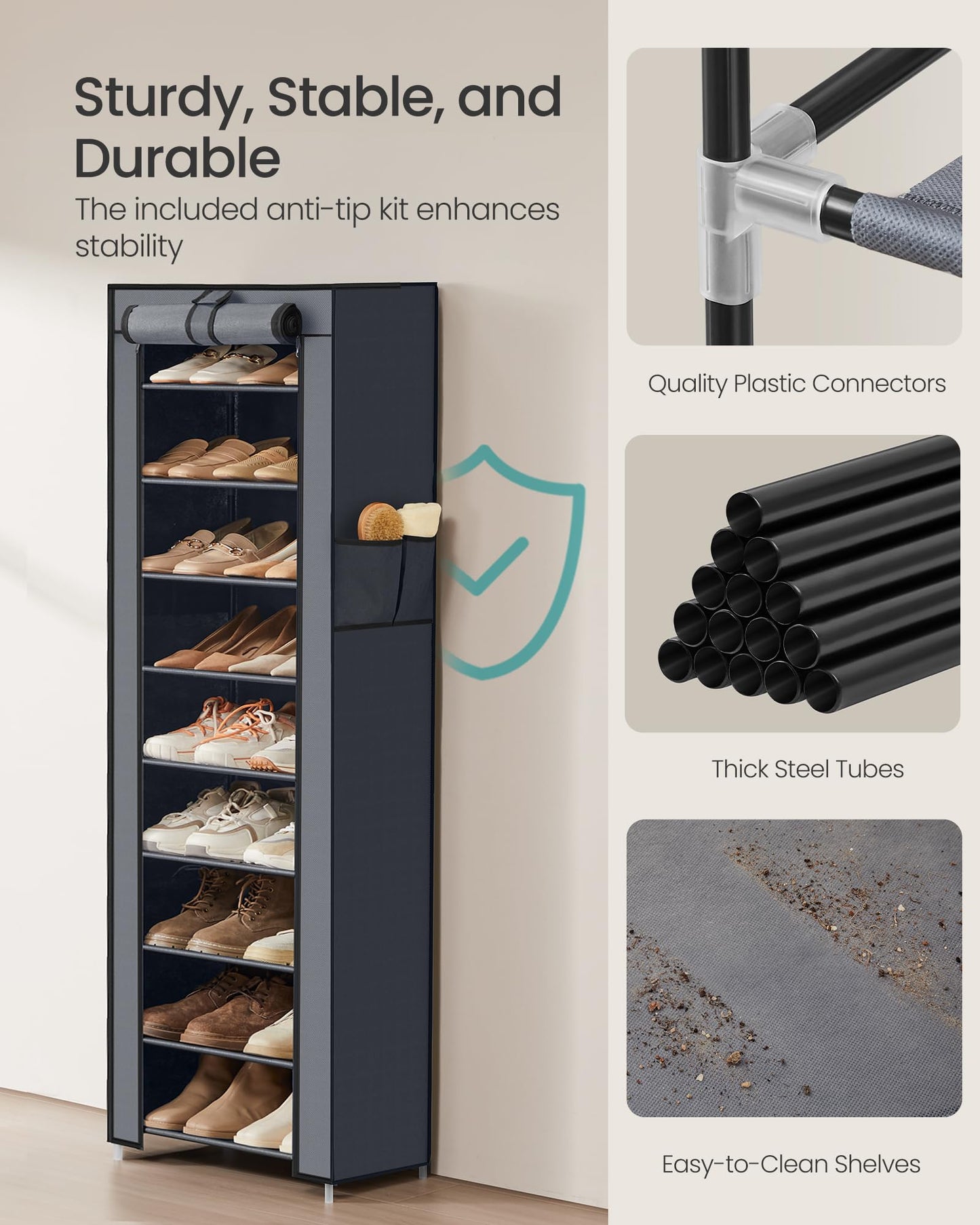 SONGMICS 10-Tier Shoe Rack, Shoe Storage Cabinet with Dustproof Cover, Free-Standing Storage Organizer for Closet, Entryway, Hold 20 Pairs of Shoes, for Sneakers, High Heels, Gray URXJ034GN02