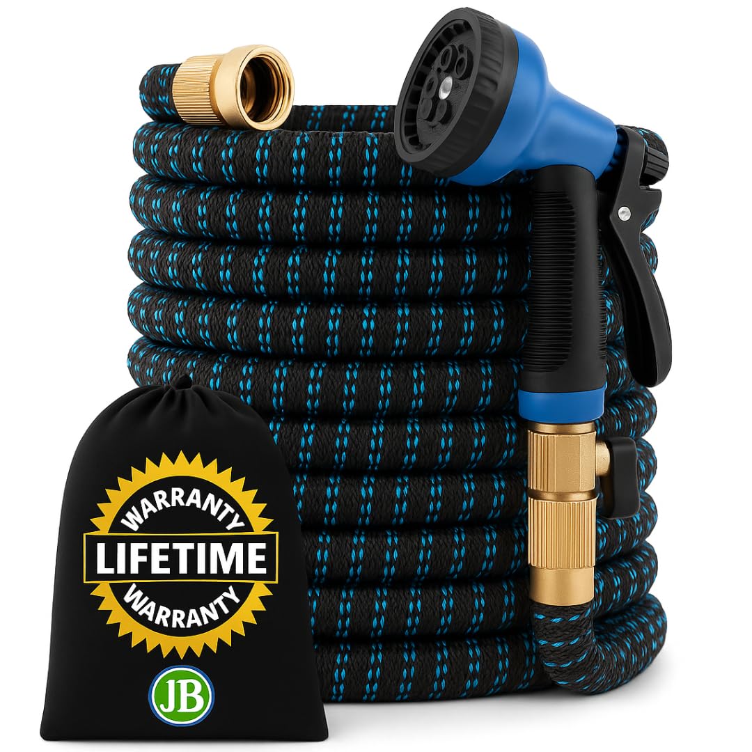 J&B XpandaHose 100ft Expandable Garden Hose – Ultra-Strong 3750D, 4-Layer Latex Core, Brass 3/4" Connectors, 10-Pattern Nozzle & Storage Bag – Lightweight, Kink-Reducing, Leak-Resistant