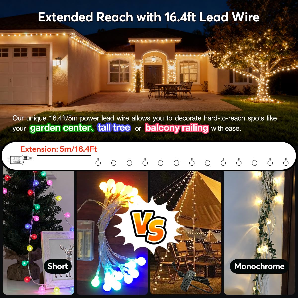 RaThun 49.2ft Globe String Lights with 16ft Extended Lead & Stable Remote - 100 LED Warm White, 8 Distinct Modes, IP44 Waterproof, UL Certified, Linkable for Indoor Outdoor Wedding Party Decor