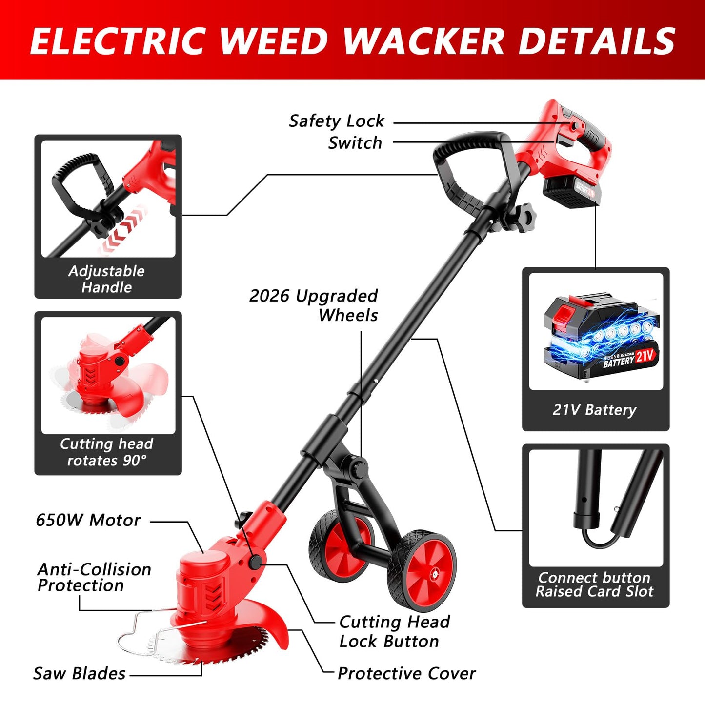 Electric Weed Wacker Cordless, 4000mAh Weed Eater Battery Powered with Wheel, 4 in 1 Grass Trimmer/Heavy Duty Brush Cutter/Lawn Edger/Weed Trimmer, No String Trimmer with Blade, 2 Battery Garden Tool
