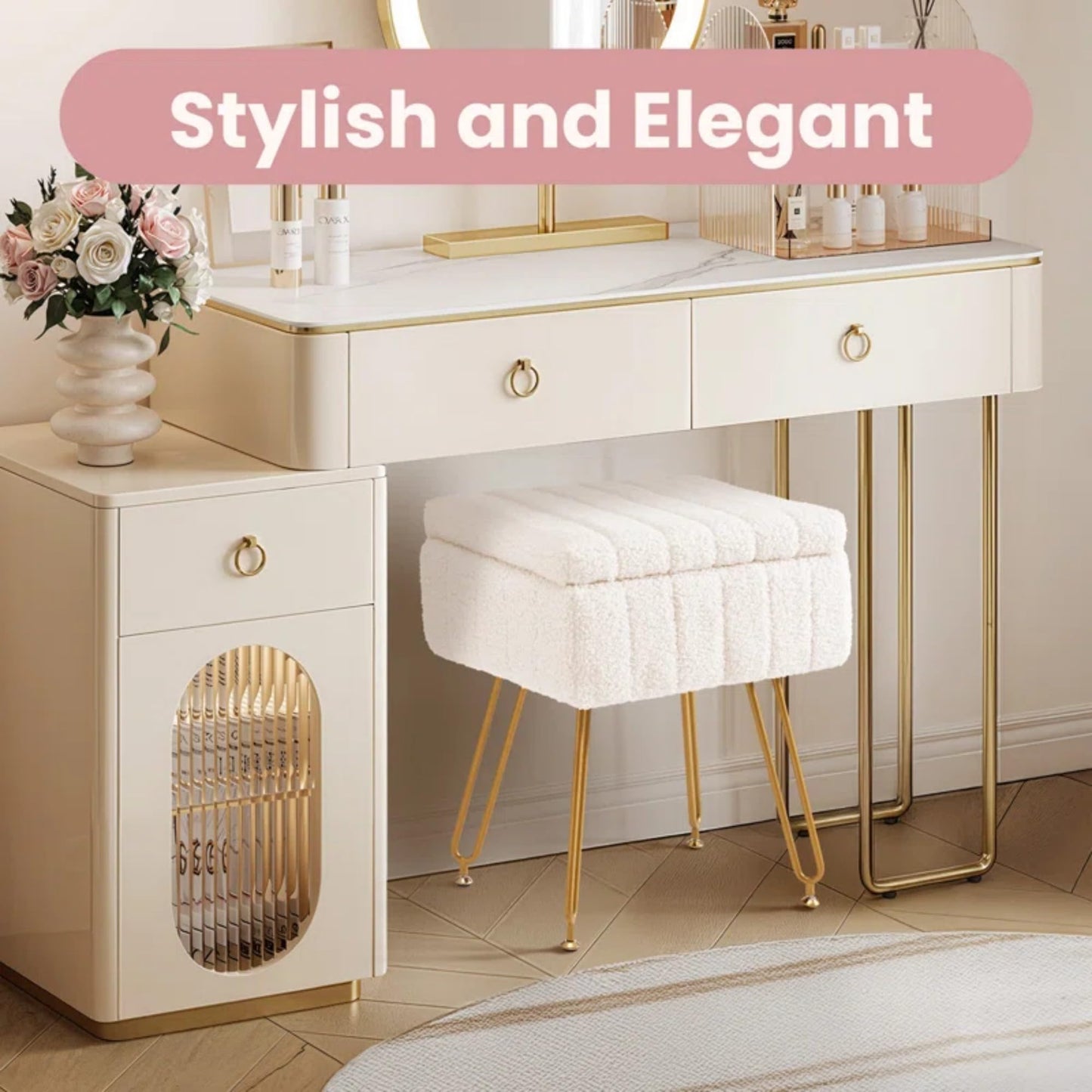 CLICKBIN 16" Teddy Fabric Storage Ottoman, Plush Vanity Stool with Hidden Storage for Bedroom, Living Room, Beige