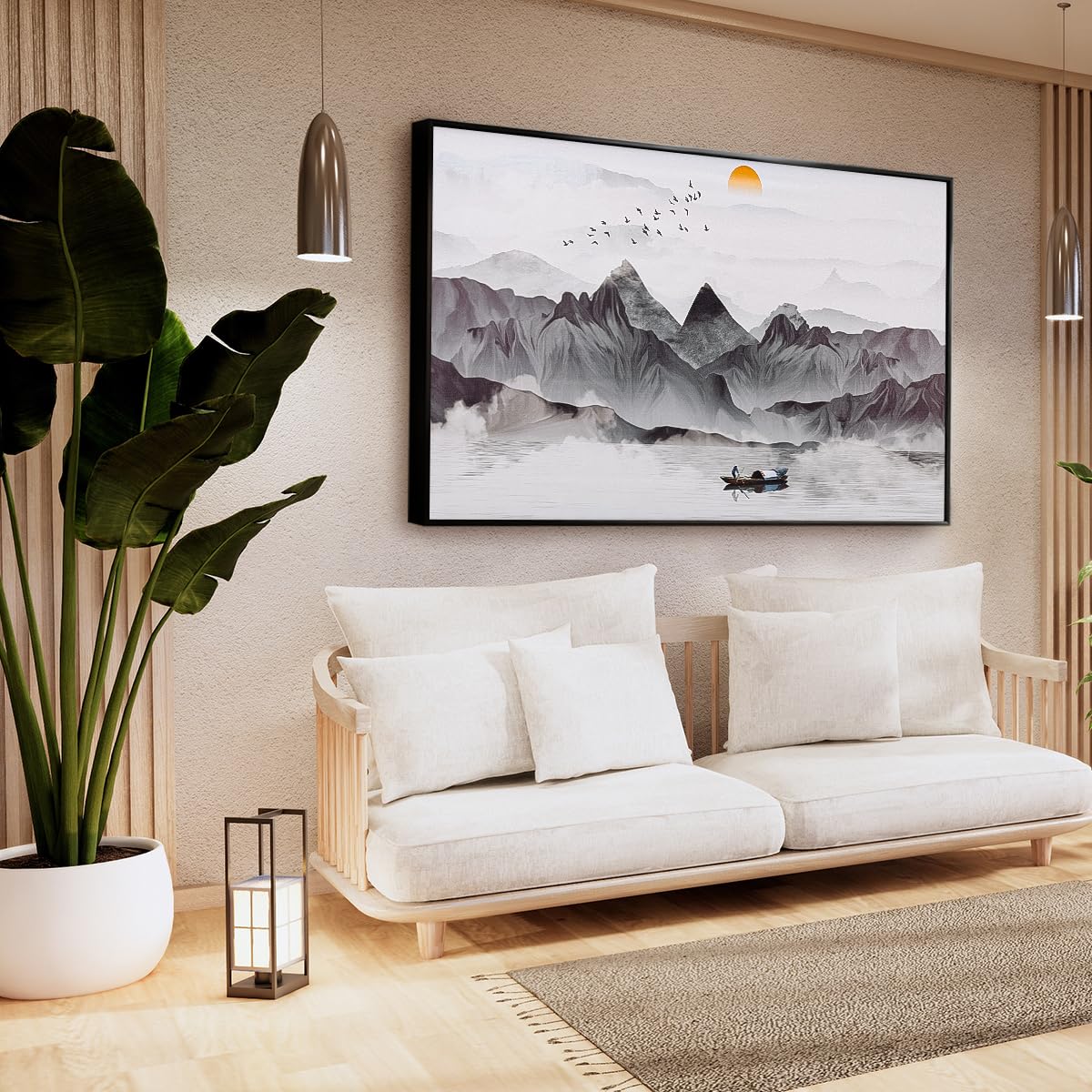 Kepfire Large Landscape Wall Art Metal Framed for Living Room Bedroom, 57"×31" Chinese Ink Wall art Canvas,Black and White Mountain Water Landscape Wall art Canvas for Room Office Decor
