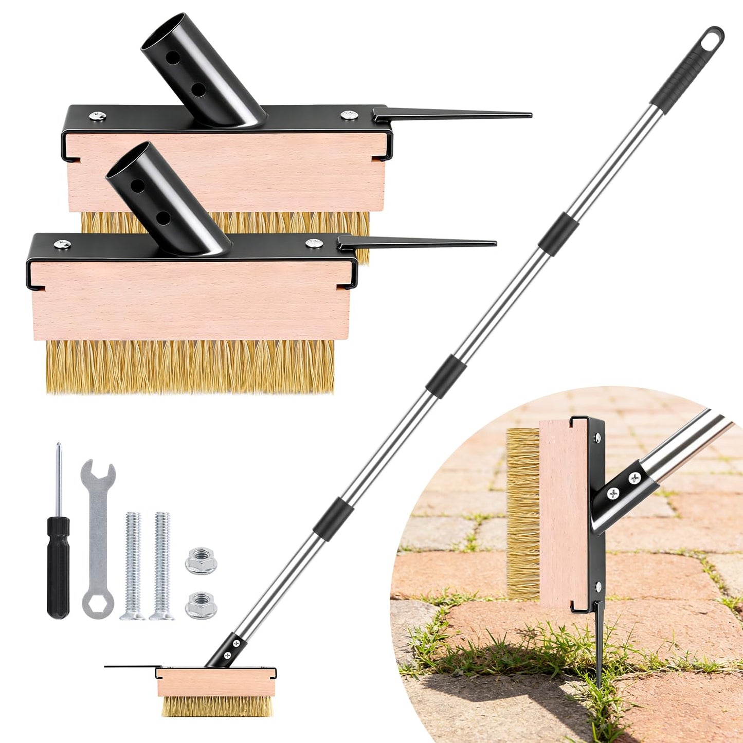 Crack Weeder Tool with 2 Brush Heads,5.1in Extended Metal Crevice Weeding Brush,Weed Moss Remover Tool for Weeding Between Concrete Pavers Decks,Weeding Puller Removal with Long Handle