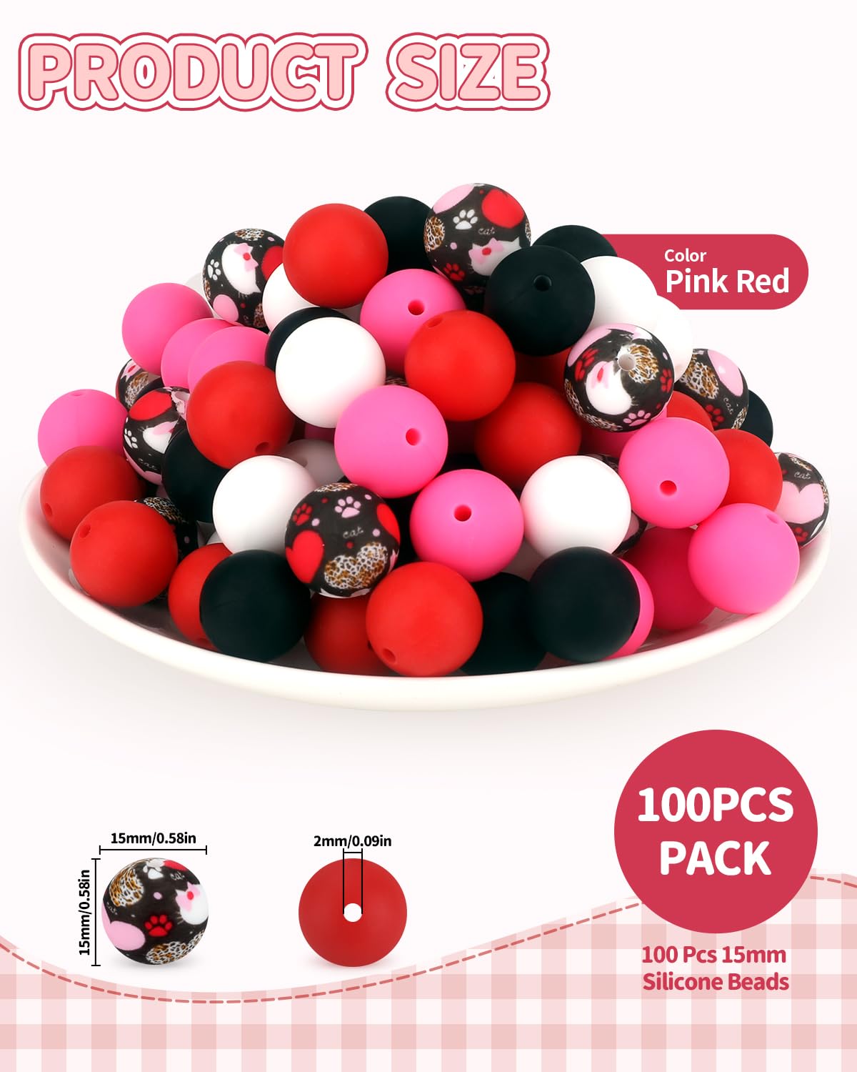 SALUOKE 100 Pcs 15mm Silicone Beads for Keychain Making, Pink Red Silicone Beads Bulk Round for Bracelets Pens Crafts Jewelry Making (Pink Red)