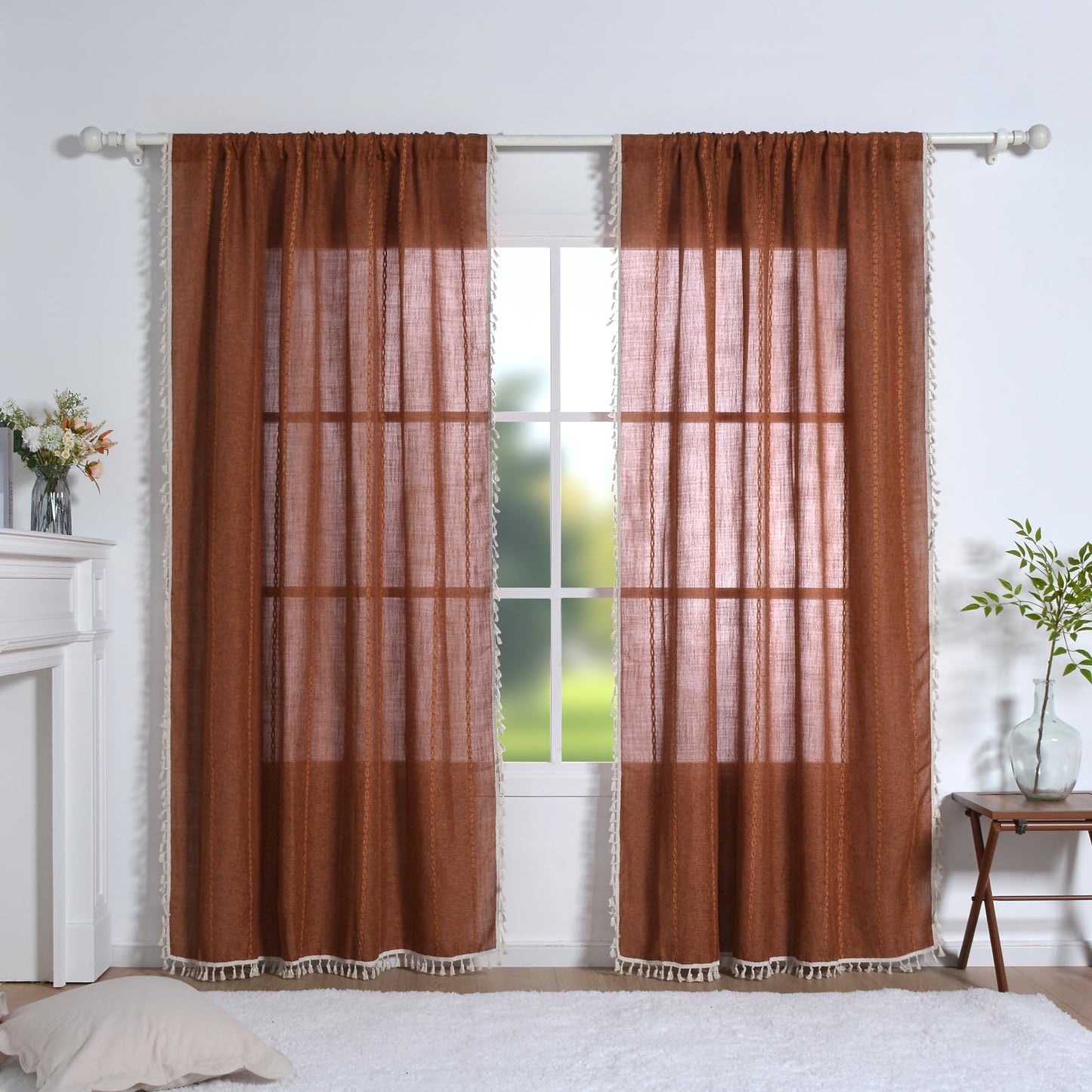 Schweek Terracotta Boho Curtains 84 Inch Length Burnt Orange Farmhouse Curtains for Living Room 2 Panels, Linen Bohemian Tassel Rust Rustic Curtain Drapes