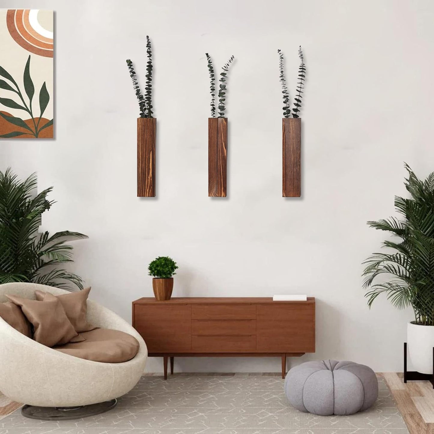 Sawoake Wooden Wall Planter Set of 3 - Modern Home Decor for Living Room, Bedroom, Bathroom - Walnut Finish Planter for Dried Flowers, Faux Greenery, Indoor Plants