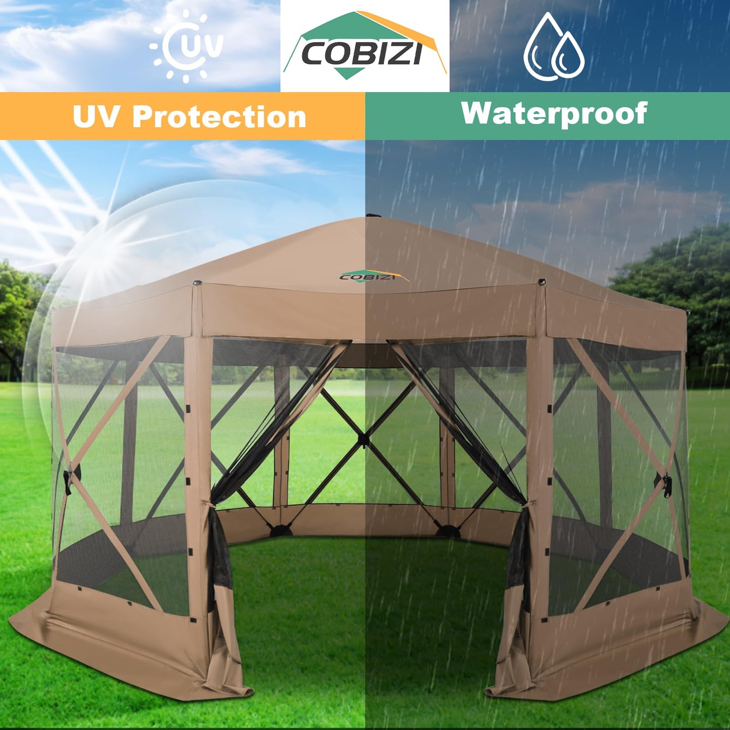 COBIZI 15x15 FT Pop Up Gazebo - Canopy Tent, Large Gazebos On Clearance, Hot tub Screened in Gazebo,carpas para Patio,Portable Screen Tents for 12-15 Persons Outdoor Camping, Backyard, Khaki