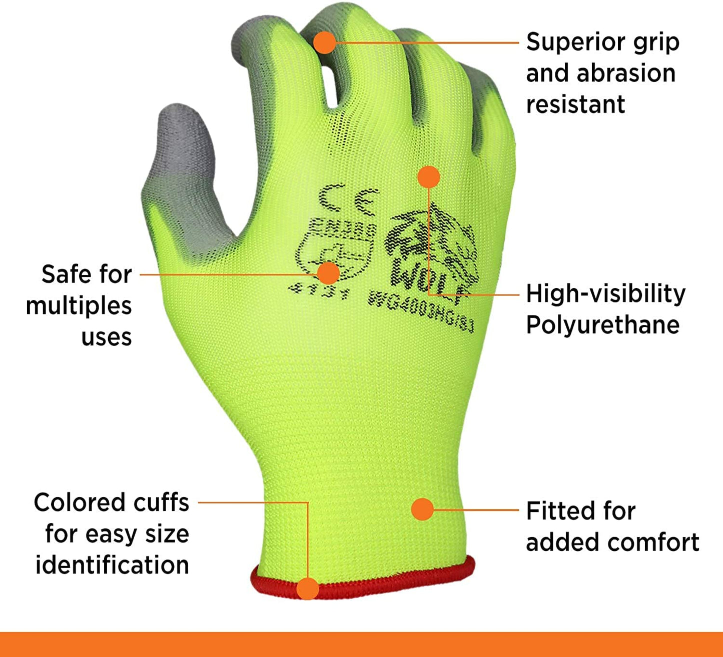 WOLF High-Viz Green Ultra-Thin PU Palm Coated Work Glove, Indoor/Outdoor, Construction, Maintenance, Gardening, Mechanic, Warehouse, Multi-Purpose, Flexible Grip, Small (Pack of 12)
