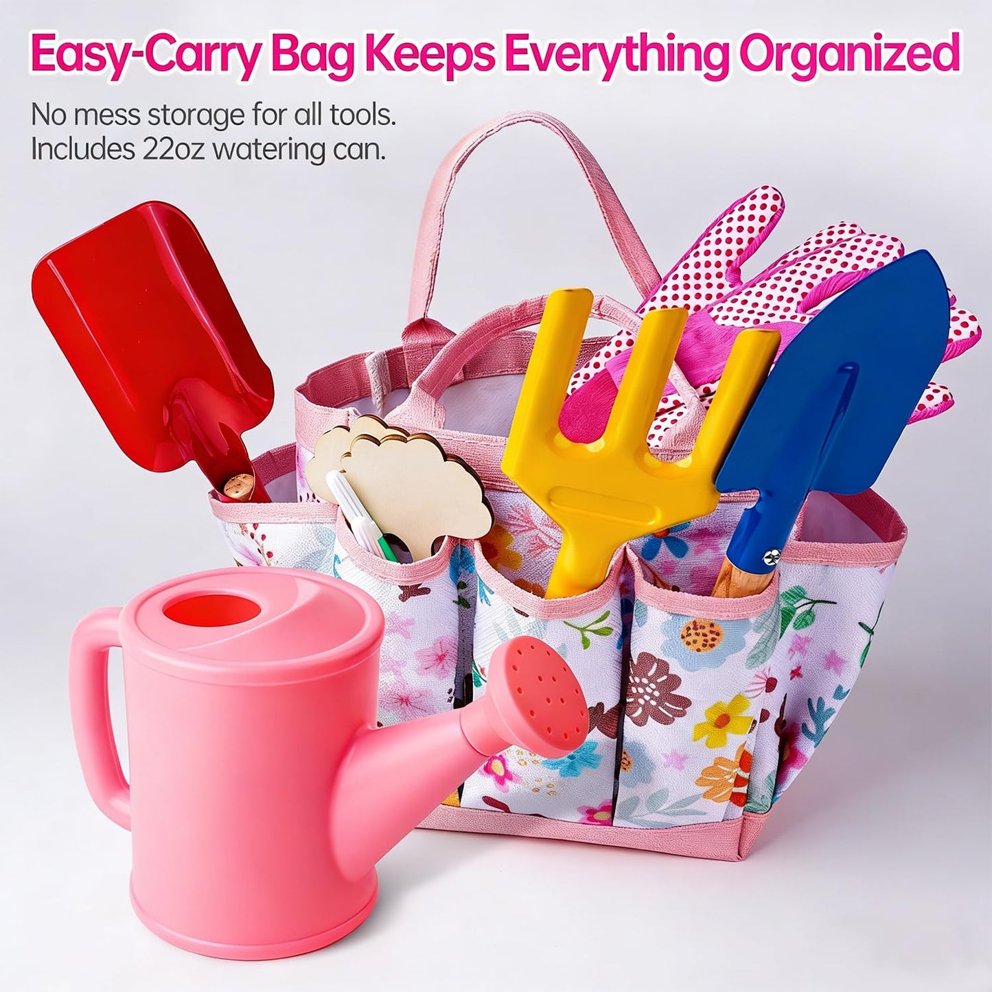 Kids Gardening Set - Gardening Tools for Kids includes Watering Can, Shovel, Rake, Gloves, Waterproof Apron and Garden Tote Bag, Children Garden Tool Outdoor Toys Gifts for Boys Girls Age 3 4 5 6 7 8