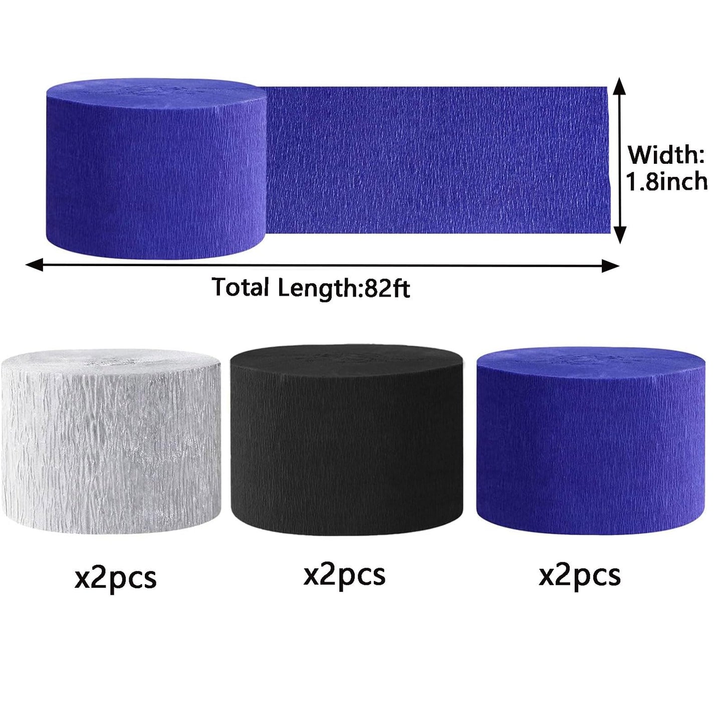 We Moment Black and Blue Silvery Crepe Paper Streamers Party Streamer 1.8 Inch Widening 6 Rolls,Black Blue Party Decorations Streamer 82 feet per roll for Birthday Party Decorations