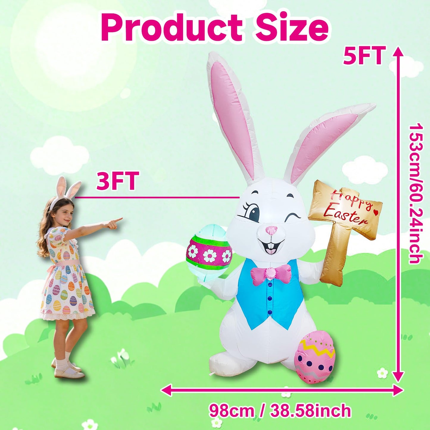 5FT Easter Inflatables Outdoor Decorations，Inflatable Bunny with Easter Eggs, Blow-up Yard Decor for Indoor/Outdoor Garden Lawn & Holiday Party (Rabbit Raise The Sign)