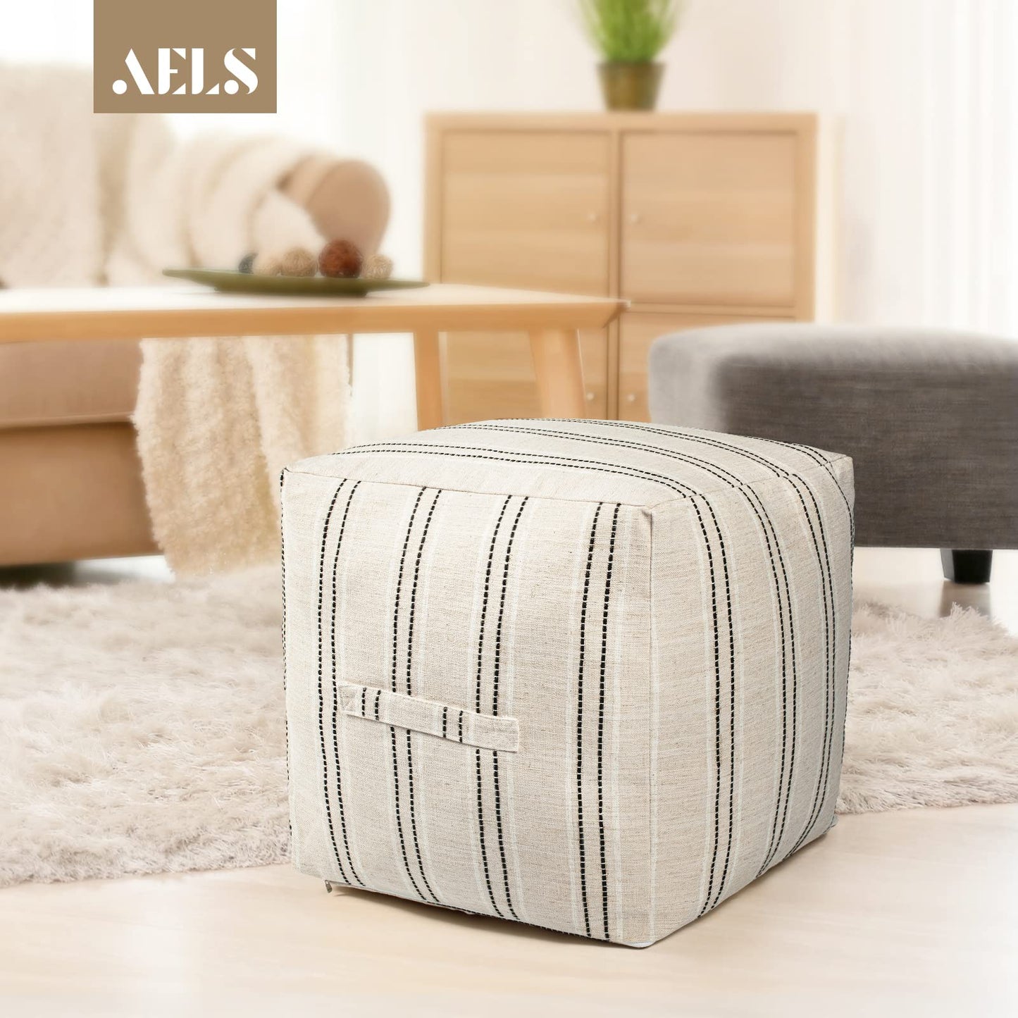 AELS Unstuffed Farmhouse Pouf Cover for Living Room, Boho Storage Bean Bag Cubes, Beige with Black Stitch Yarn Dyed Stripe Square Ottoman Pouf Foot Rest Footstool, 18"x18"x18", Cover ONLY