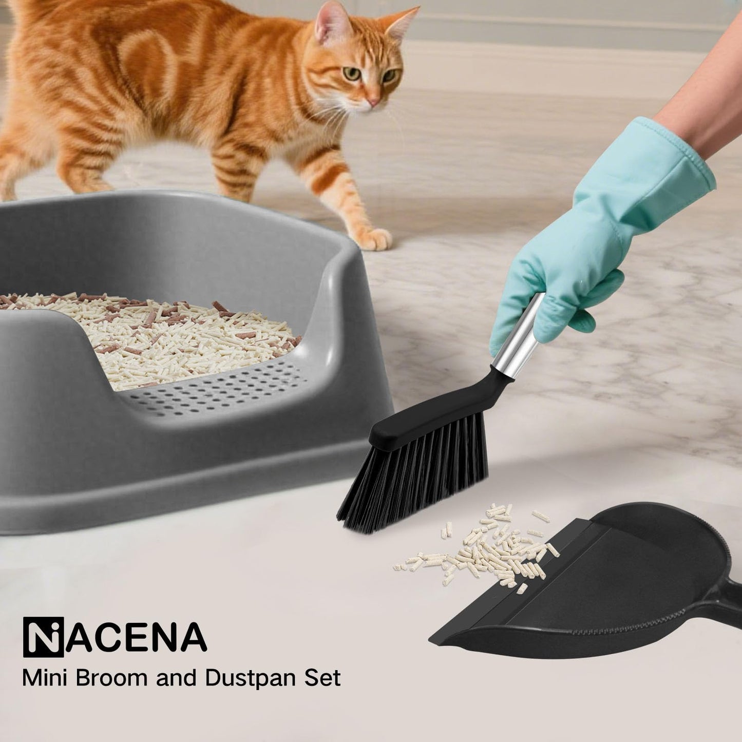 NACENA Mini Broom and Dustpan Set 2 Packs, Small Dust Pan and Brush Set with Handle Dustpan Teeth for Cleaning Hair Suitable for Office Desks Drawers Sofas Outdoor Camping, Black