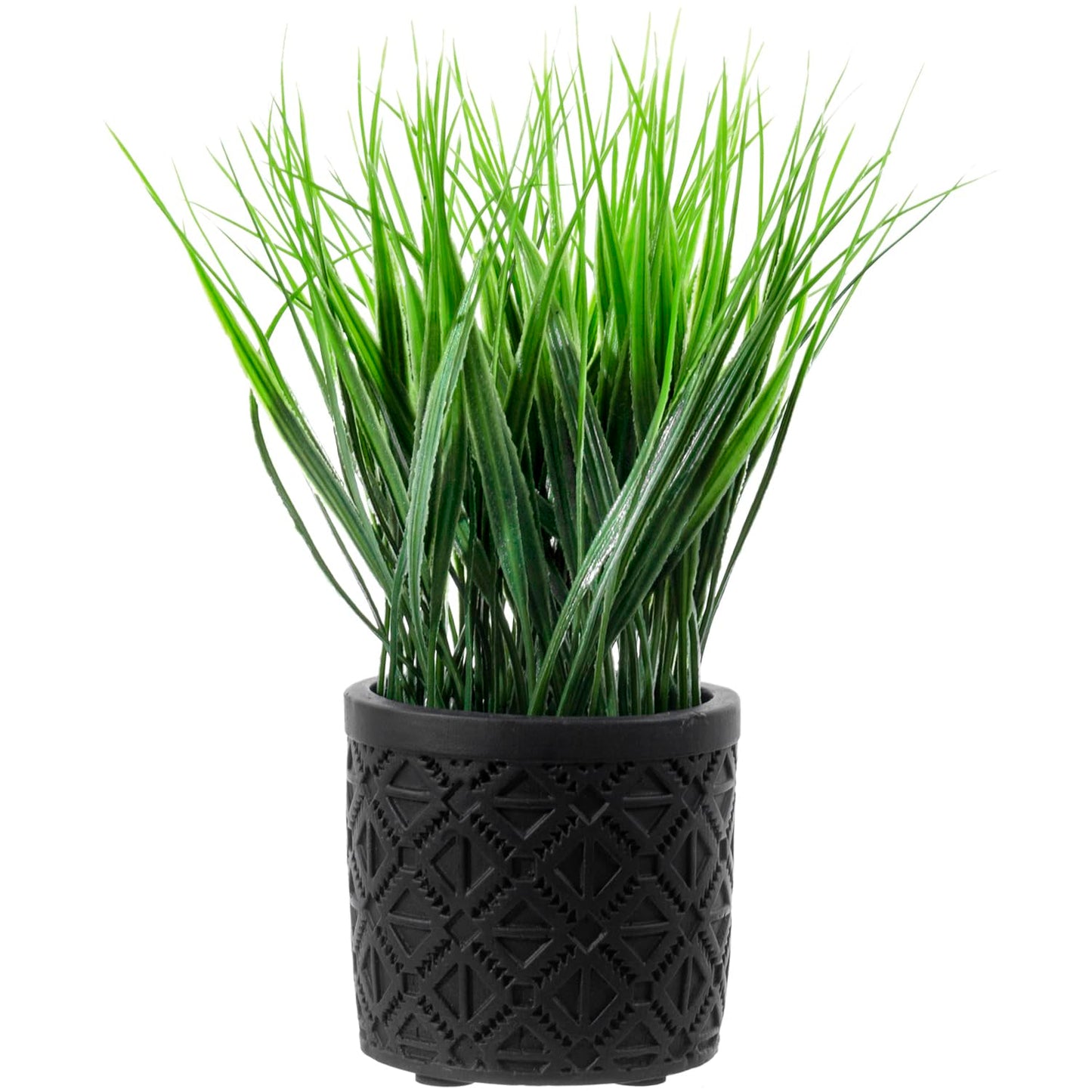 MyGift Artificial Green Grass Plant in Modern Black Concrete Pot with Geometric Embossed Pattern, Tabletop Faux Greenery Decorative Round Cement Planter Home Decor
