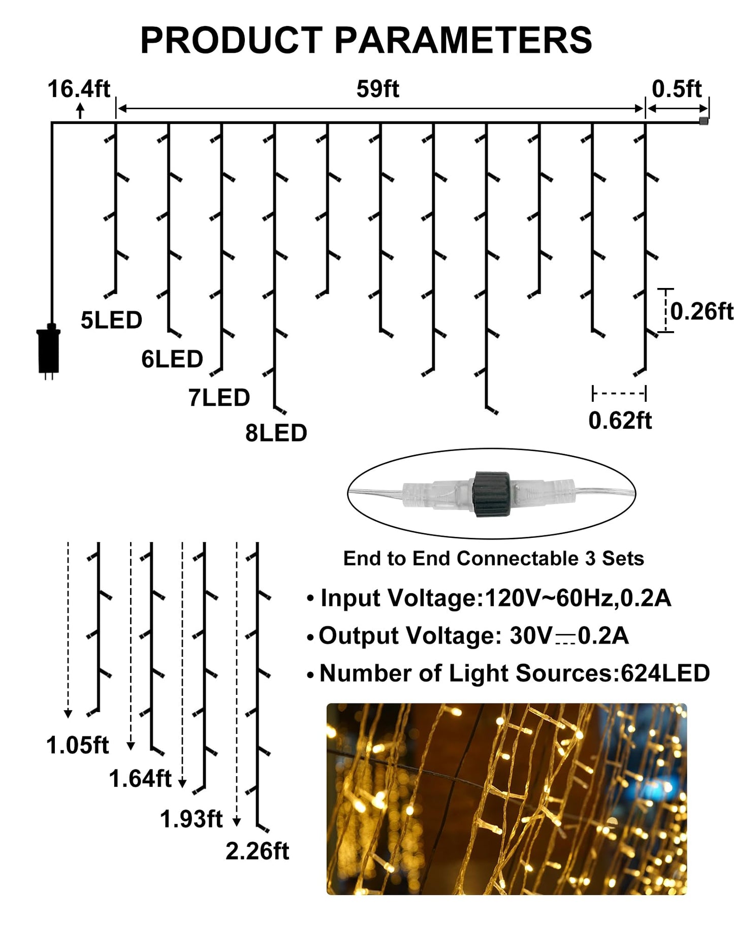 GOHDLAMP Christmas Icicle Lights Outside 624 LED 59FT Warm White, 96 Drops 2700K Icicle Christmas Lights with Remote/8 Modes/Timer, IP44 Waterproof for Roof Gutter Wedding Holiday Decorations