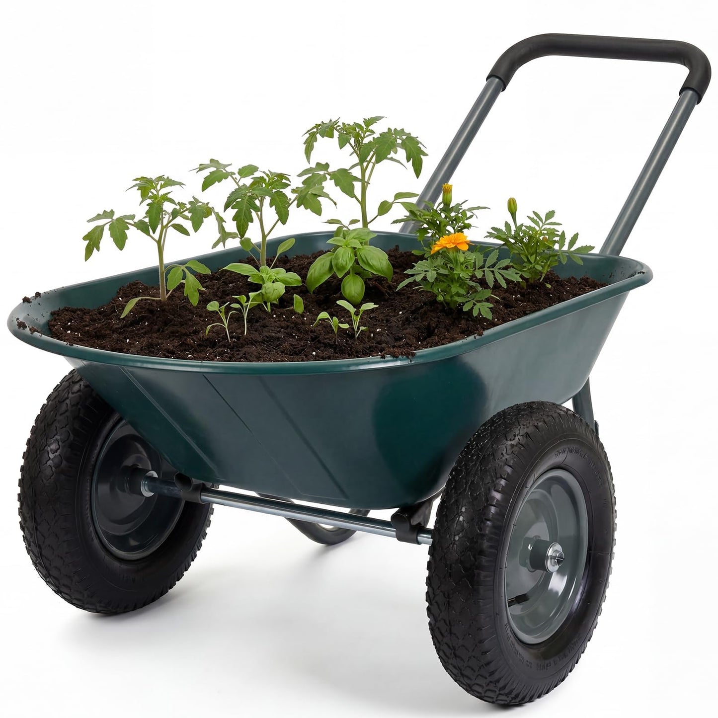 Garvee Wheelbarrow Garden Cart, Heavy Duty Home Utility, Dual-Wheel Home Garden Yard Utility Wheelbarrow Cart with Built-in Stand,(Green)