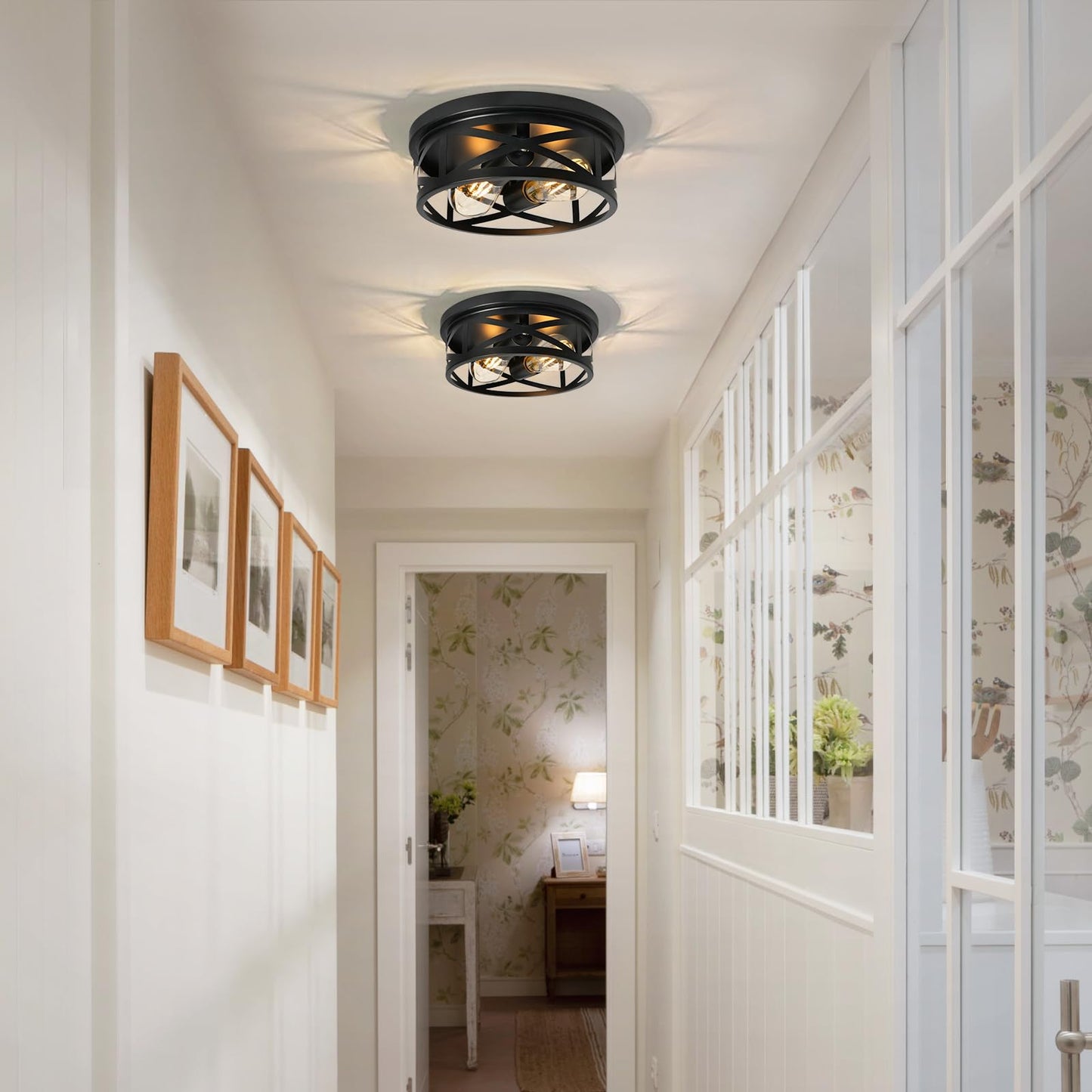 Elekeed 2-Light Flush Mount Ceiling Light Fixture, Farmhouse Ceiling Lights for Kitchen, Modern Black Close to Ceiling Light for Hallway Bedroom Balcony Porch Stairway, E26, (2 Pack)