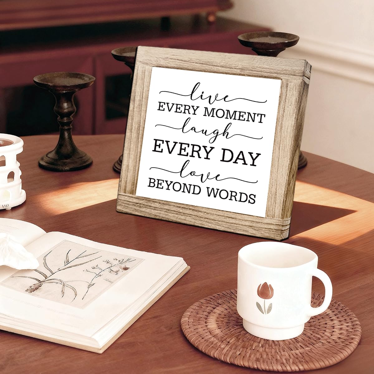 Wood Home Sign Live Every Moment Laugh Every Day Love Beyond Words Inspirational Solid Wood Plaque Rustic Handmade Home Decor For Farmhouse Living Room Entryway Table Rustic Wooden Sign 5.9x5.9 Inch