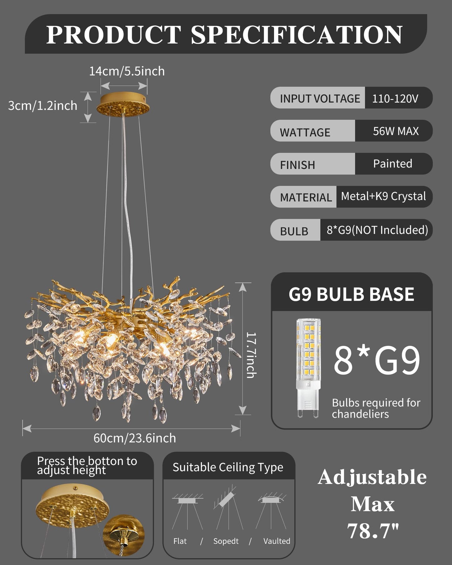 witkey Modern Tree Branch Crystal Chandelier Luxury Gold Crystal Pendant Lighting 23.6" Contemporary 8-Light Chandeliers for Dining Room Kitchen Bedroom Living Room